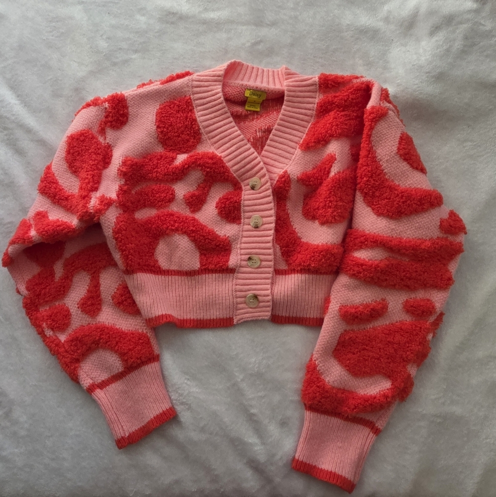 Pink and Red Cropped Cardigan